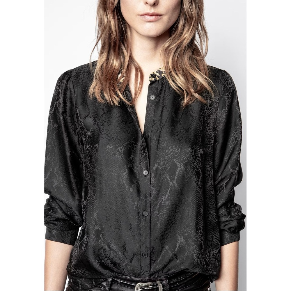 Zadig & Voltaire Talini Black Python Jacquard Button Down Blouse Size L